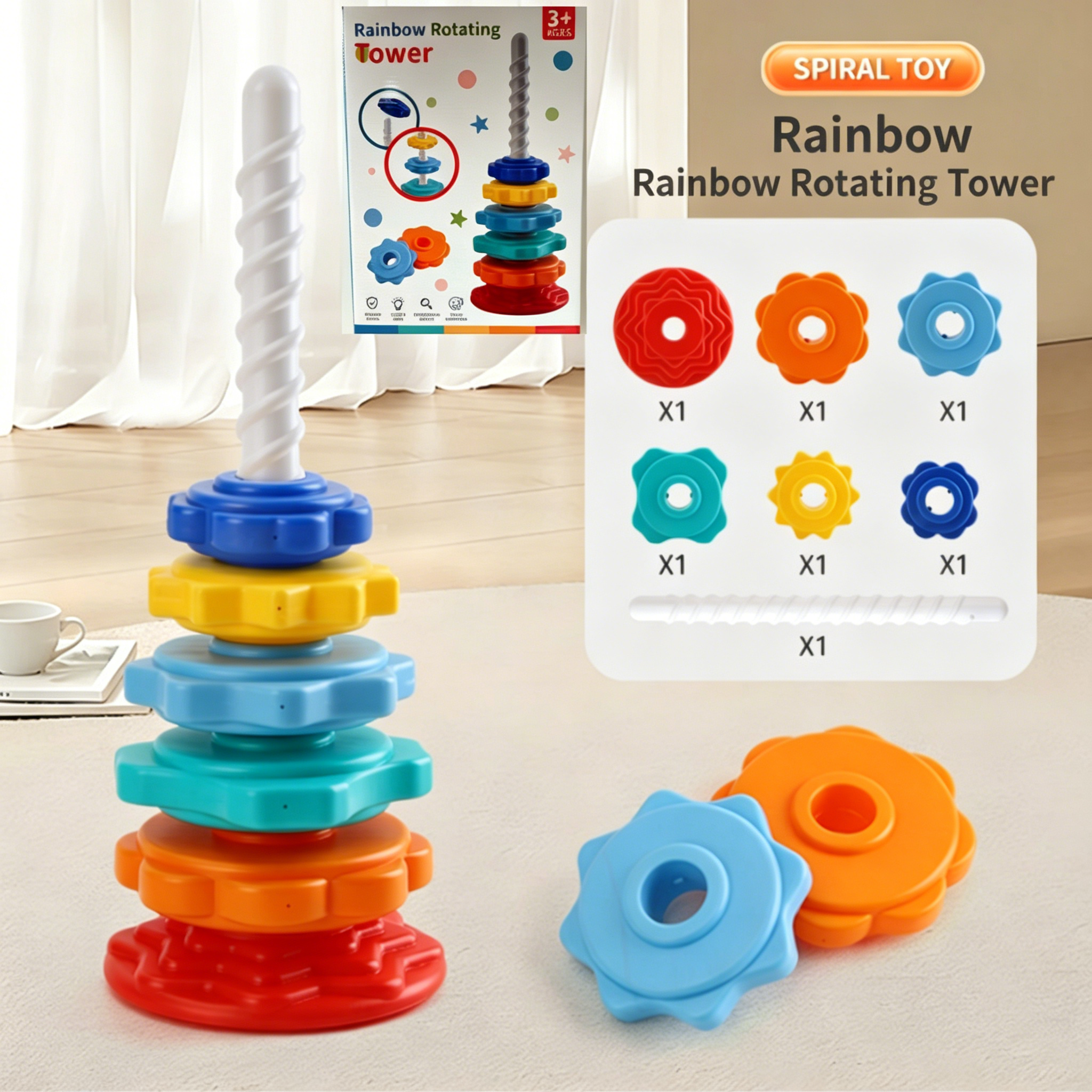 Rainbow Spinning Stacking Ring Toy Montessori Educational Toy