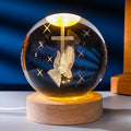 3D Crystal Cross Ball Night Light with Wooden Base, Religious Decor Gift