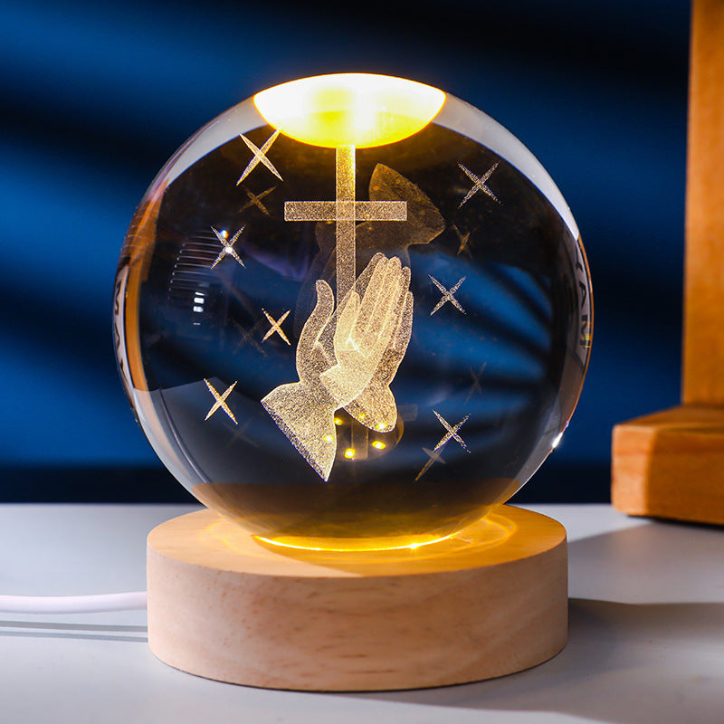 3D Crystal Cross Ball Night Light with Wooden Base, Religious Decor Gift