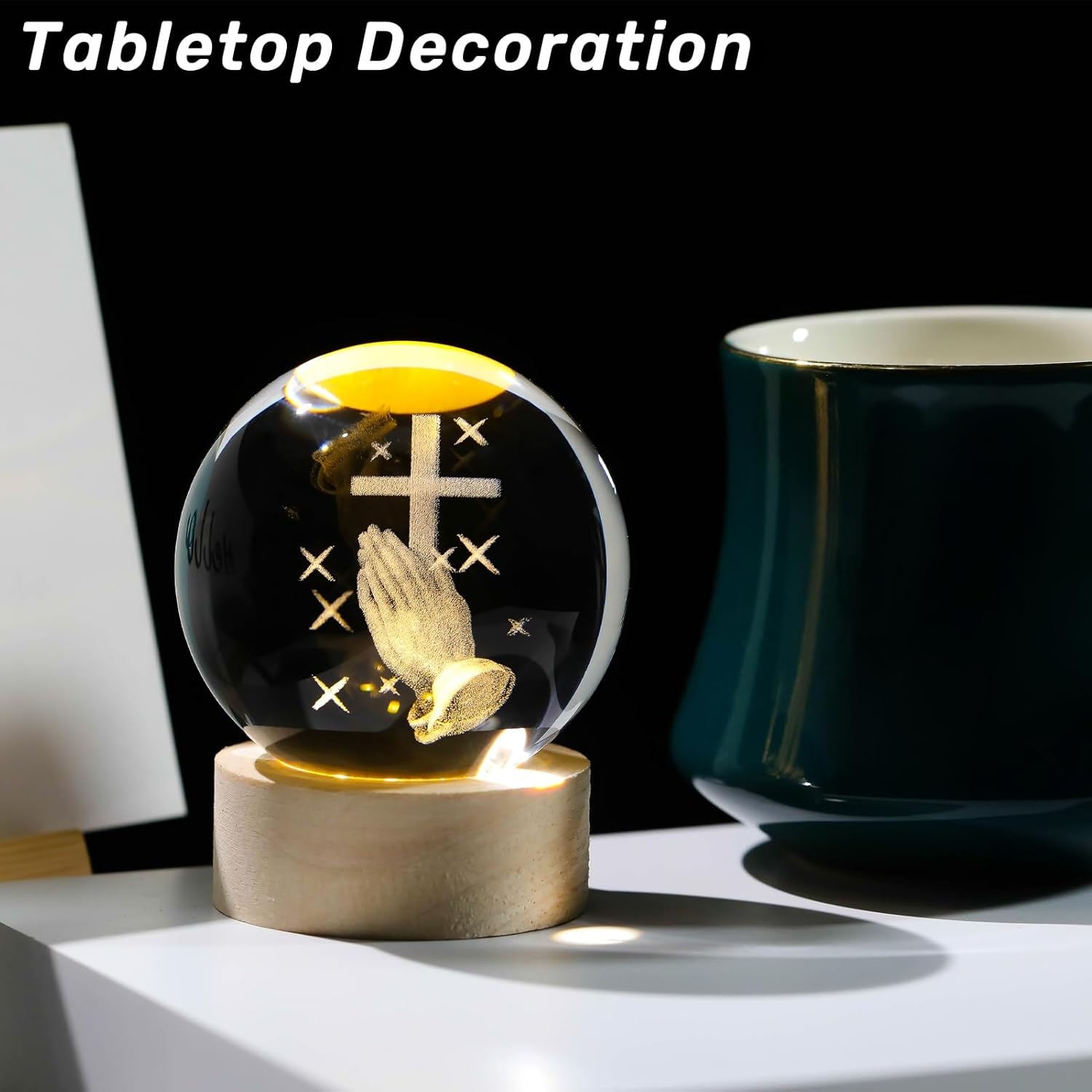 3D Crystal Cross Ball Night Light with Wooden Base, Religious Decor Gift