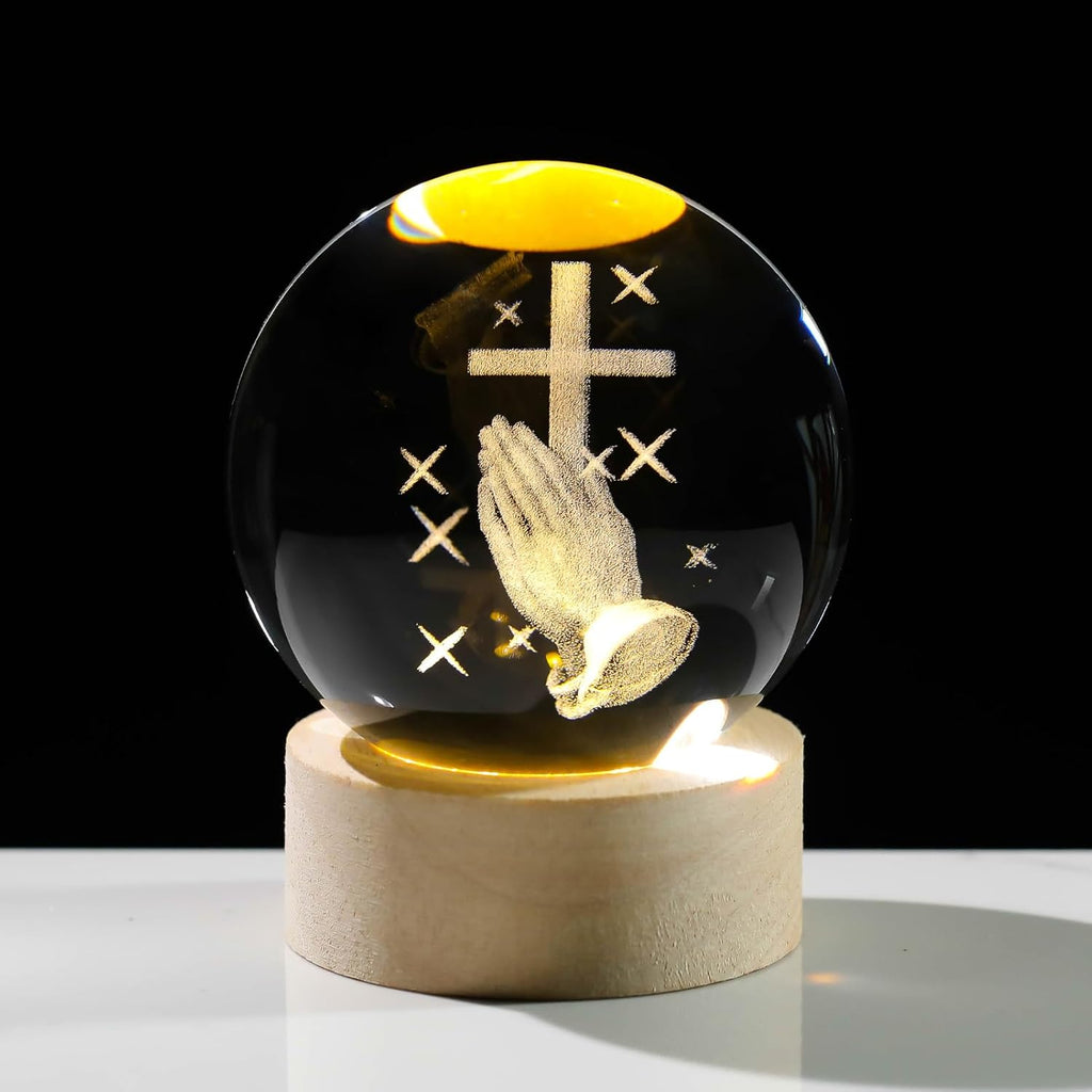 3D Crystal Cross Ball Night Light with Wooden Base, Religious Decor Gift