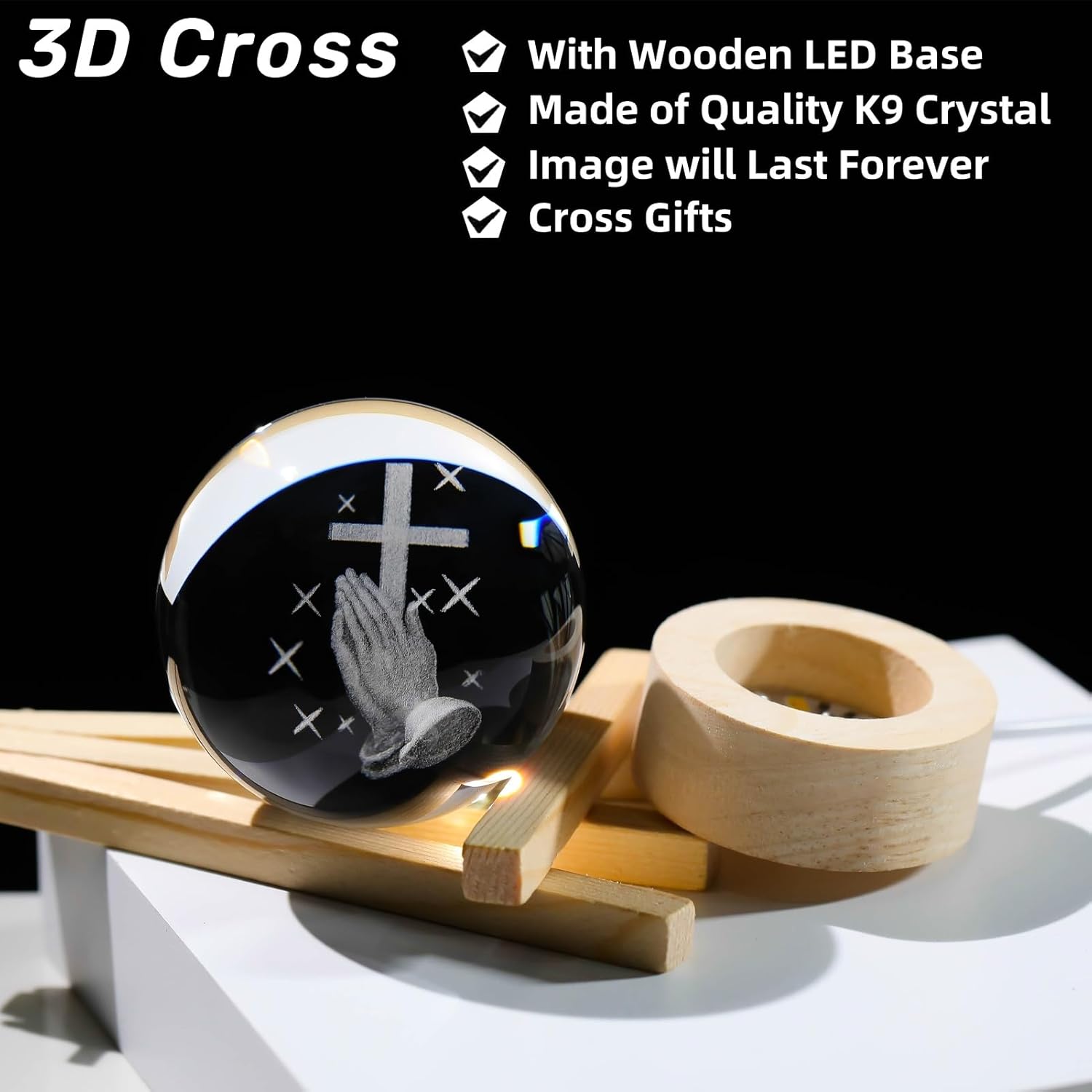 3D Crystal Cross Ball Night Light with Wooden Base, Religious Decor Gift