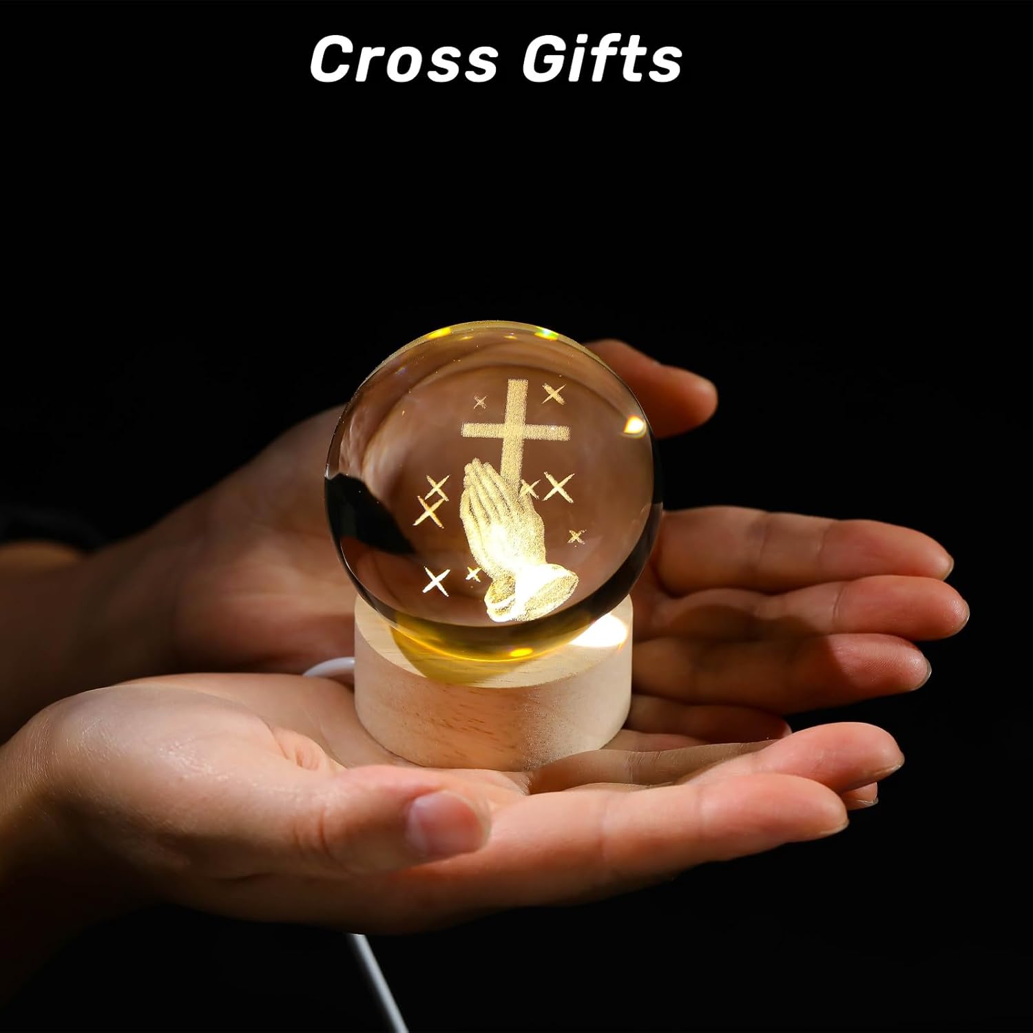 3D Crystal Cross Ball Night Light with Wooden Base, Religious Decor Gift