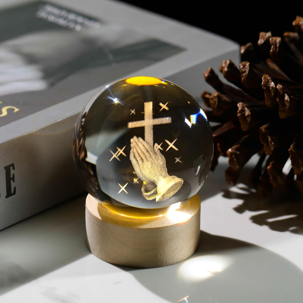3D Crystal Cross Ball Night Light with Wooden Base, Religious Decor Gift