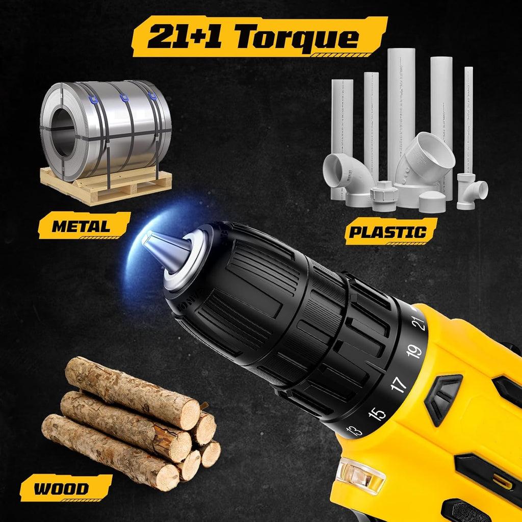 21V 2.0Ah Cordless Drill 30Nm 21+1 Torque LED Yellow