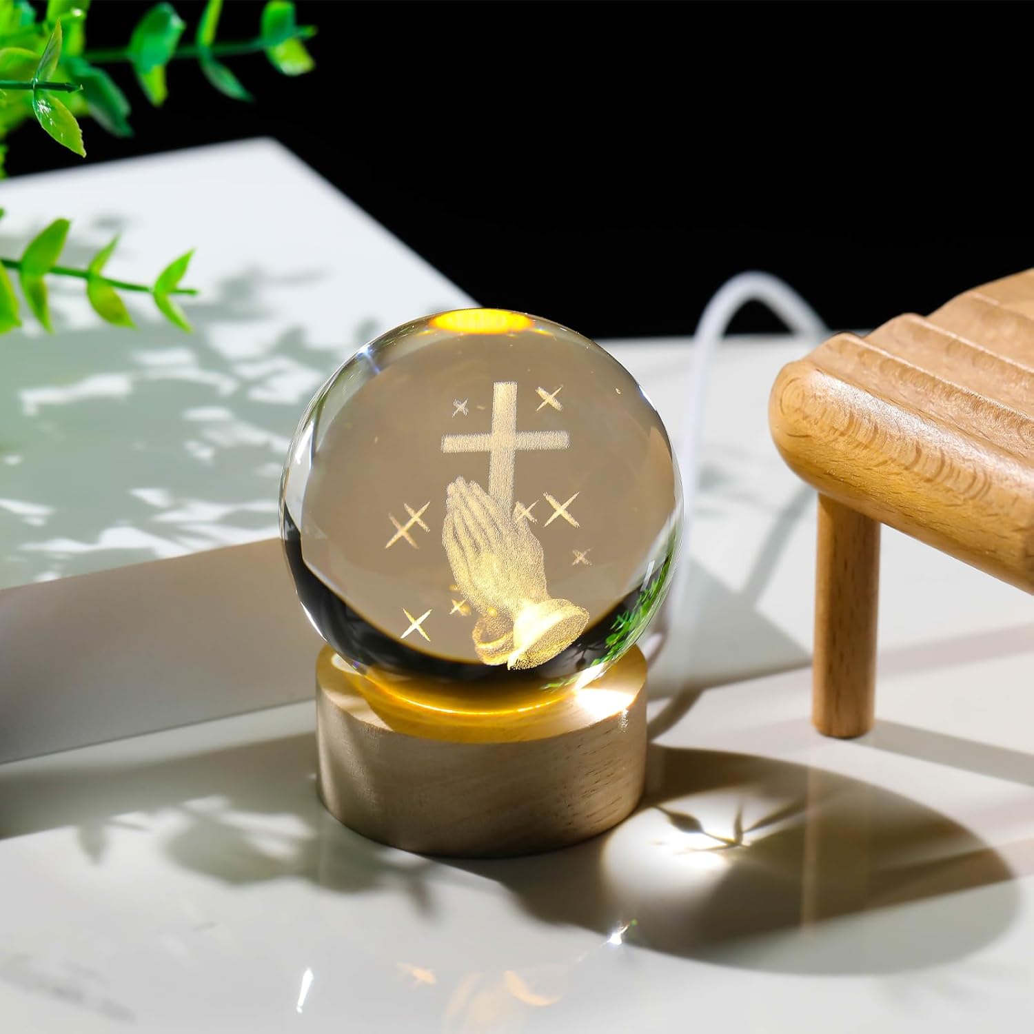 3D Crystal Cross Ball Night Light with Wooden Base, Religious Decor Gift