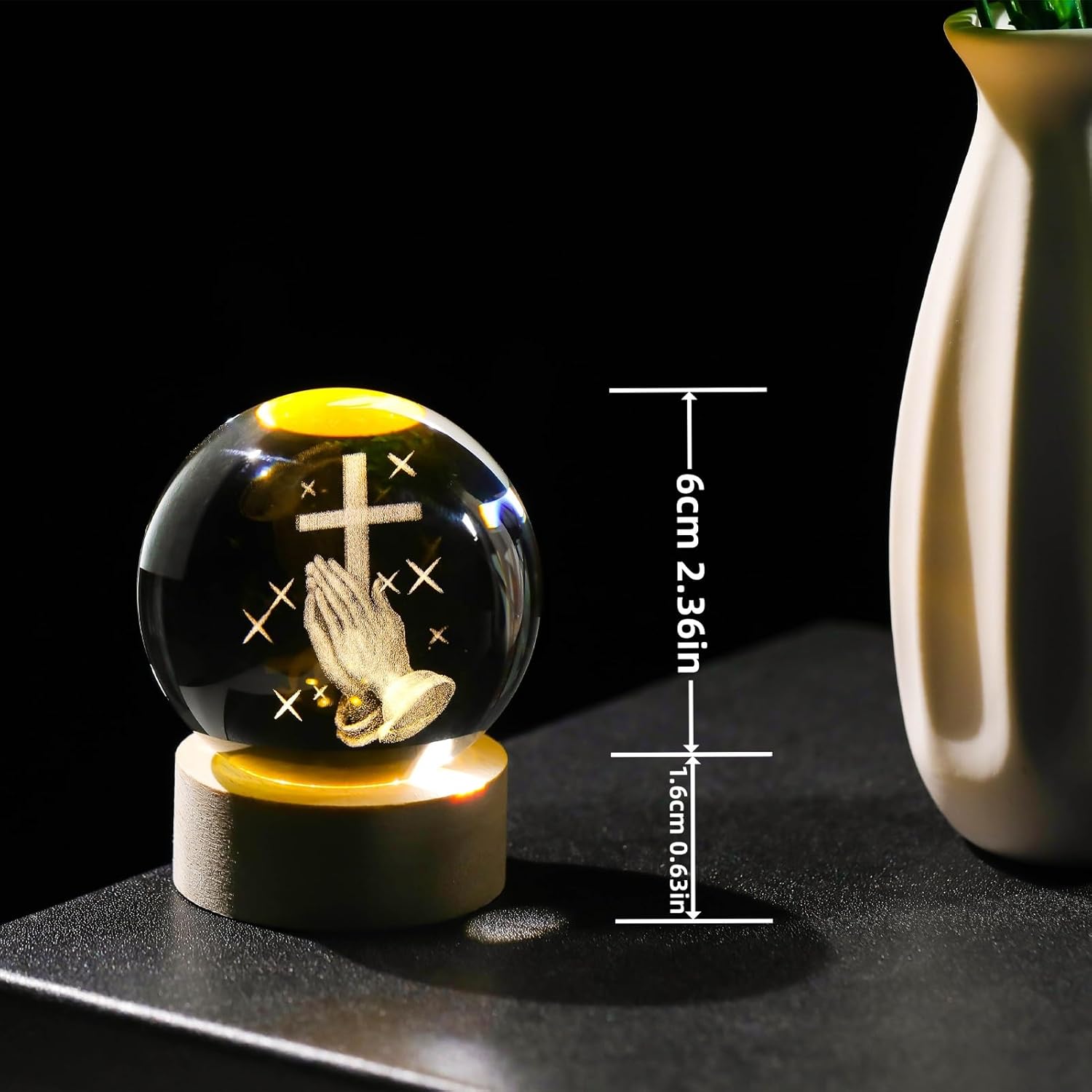 3D Crystal Cross Ball Night Light with Wooden Base, Religious Decor Gift