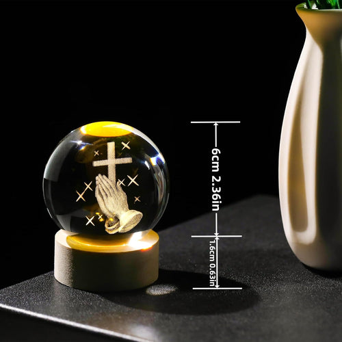 3D Crystal Cross Ball Night Light with Wooden Base, Religious Decor Gift
