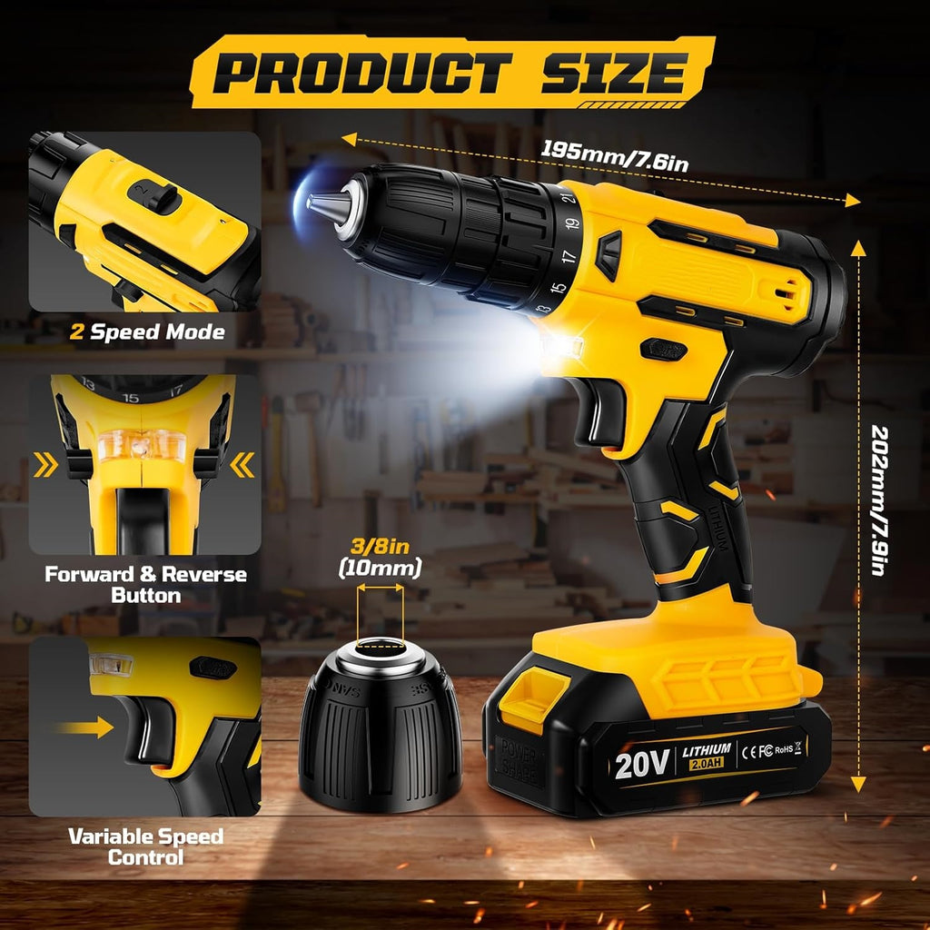 21V 2.0Ah Cordless Drill 30Nm 21+1 Torque LED Yellow