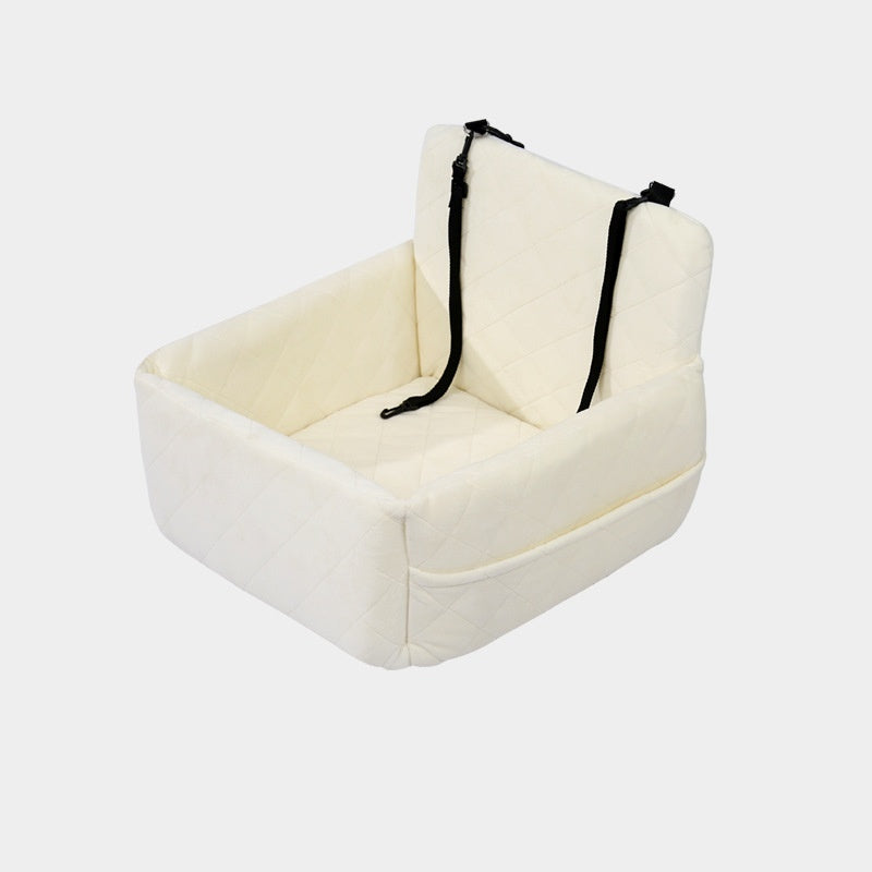 Comfortable pet car seat with dual seat belts for a secure and non-slip grip.
