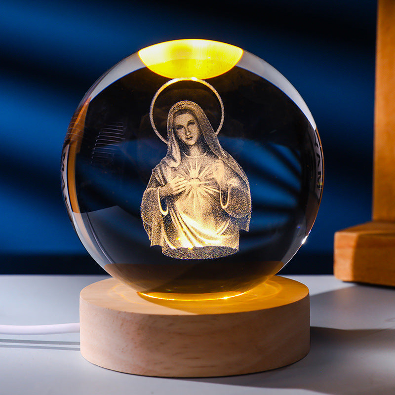 3D Crystal Cross Ball Night Light with Wooden Base, Religious Decor Gift