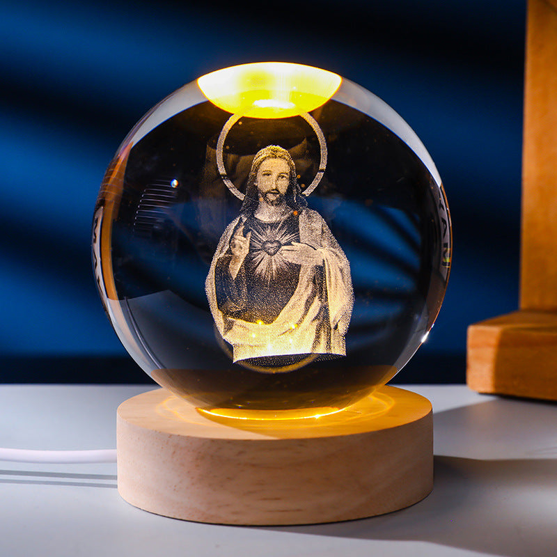 3D Crystal Cross Ball Night Light with Wooden Base, Religious Decor Gift